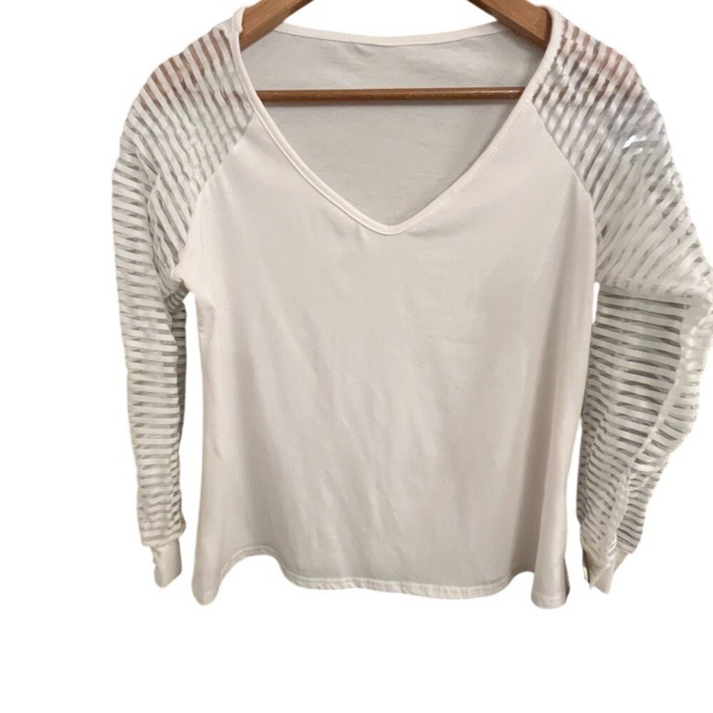Womens Blouse Size M White V-Neck Pullover Sheer Striped Long Sleeve